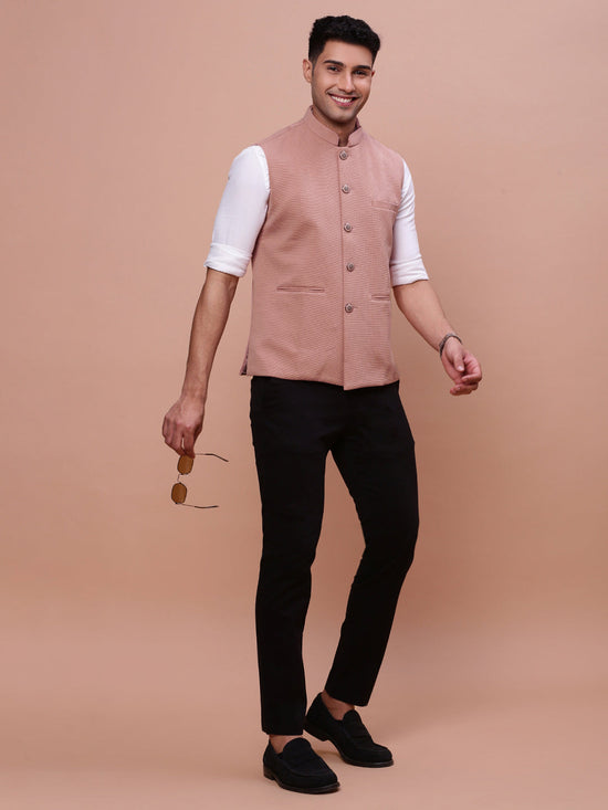 Men Woven Design Peach Slim Fit Nehru Jacket-AC-B-1193-Peach