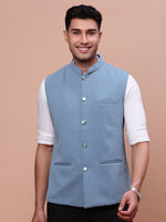 Men Woven Design Blue Slim Fit Nehru Jacket-AC-B-1194-Blue