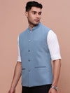 Men Woven Design Blue Slim Fit Nehru Jacket-AC-B-1194-Blue