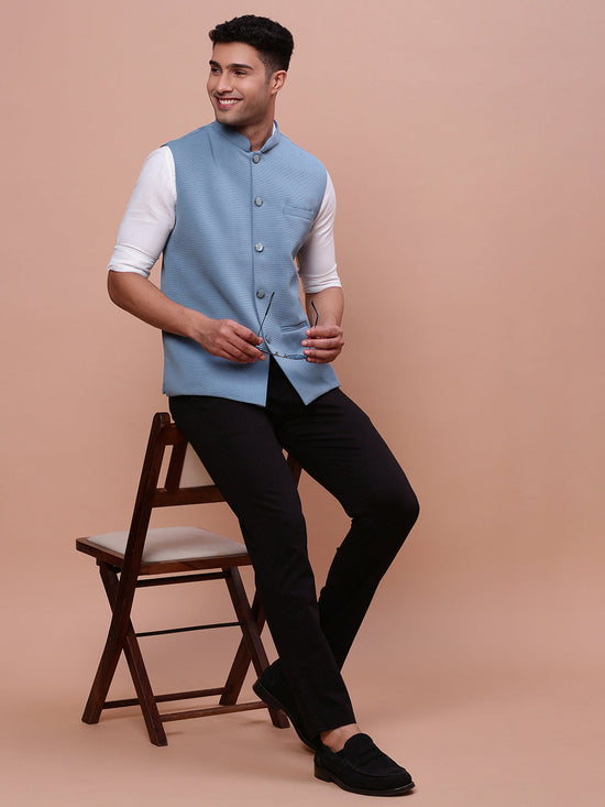 Men Woven Design Blue Slim Fit Nehru Jacket-AC-B-1194-Blue