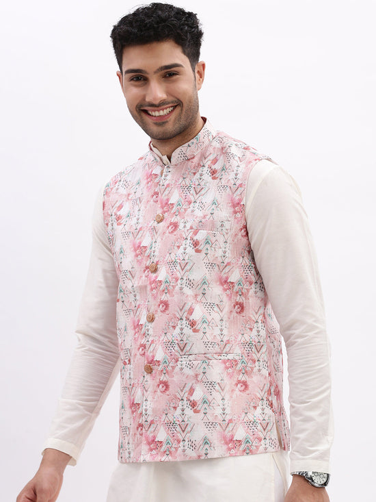 Men Printed Peach Nehru Jacket-AD-112-Peach