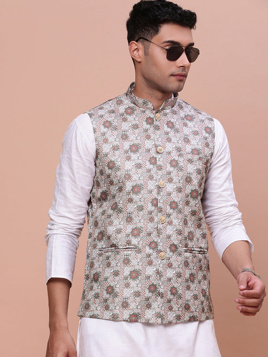 Men Woven Design Brown Slim Fit Nehru Jacket-AD-205-Brown