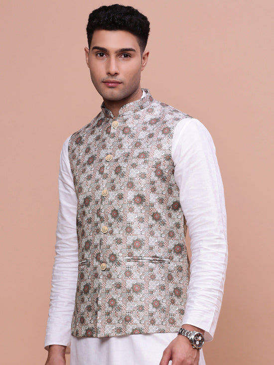 Men Woven Design Brown Slim Fit Nehru Jacket-AD-205-Brown