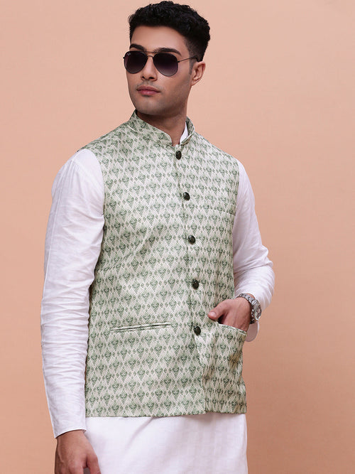 Men Woven Design Green Slim Fit Nehru Jacket-AD-211-Green