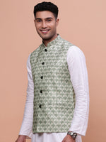 Men Woven Design Green Slim Fit Nehru Jacket-AD-211-Green