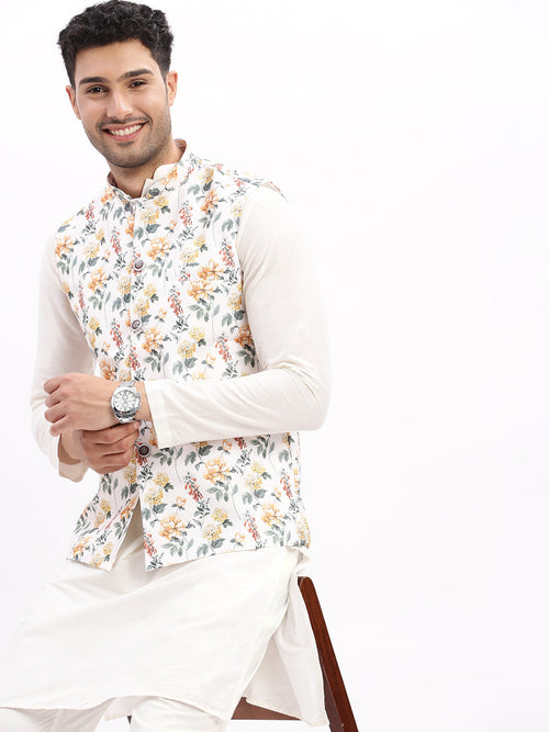 Men Printed Off White Nehru Jacket-AD-517-Offwhite