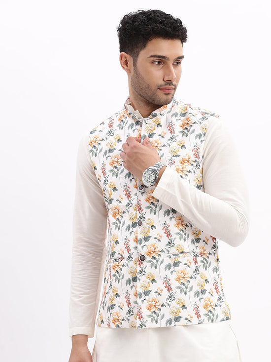 Men Printed Off White Nehru Jacket-AD-517-Offwhite