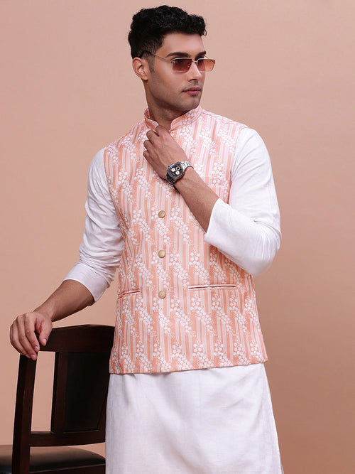 Men Solid Peach Slim Fit Nehru Jacket-AD-637-Peach