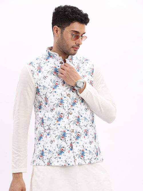 Men Printed White Nehru Jacket-AD-648-White