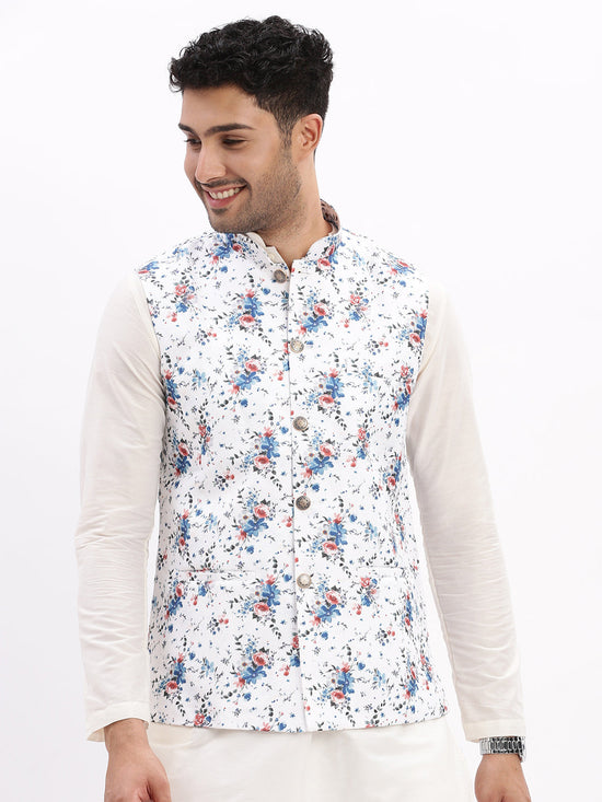 Men Printed White Nehru Jacket-AD-648-White