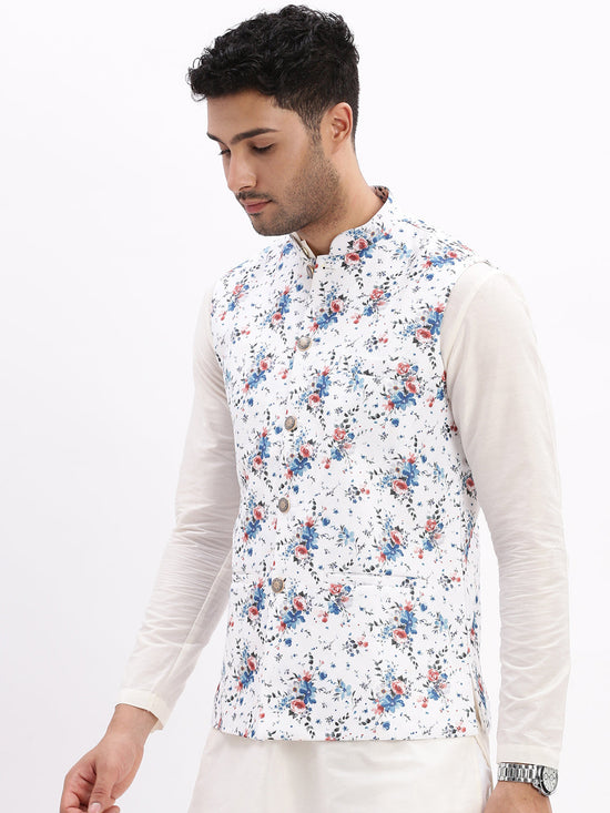 Men Printed White Nehru Jacket-AD-648-White