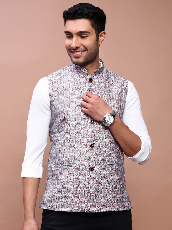 Men Printed Brown Slim Fit Nehru Jacket-AD-J-210-Brown