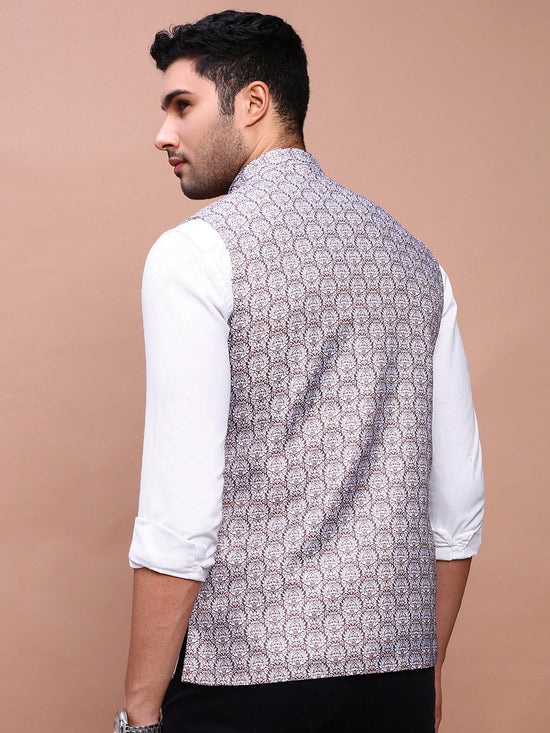 Men Printed Brown Slim Fit Nehru Jacket-AD-J-210-Brown