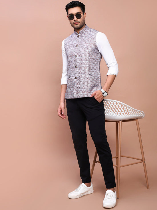 Men Printed Brown Slim Fit Nehru Jacket-AD-J-210-Brown