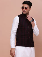 Men Checked Burgundy Slim Fit Nehru Jacket-AD-J-301-Burgundy