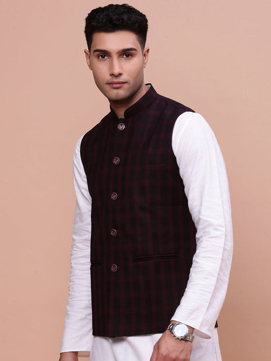 Men Checked Burgundy Slim Fit Nehru Jacket-AD-J-301-Burgundy