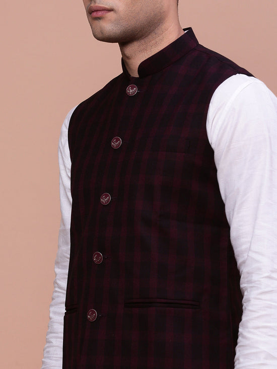 Men Checked Burgundy Slim Fit Nehru Jacket-AD-J-301-Burgundy