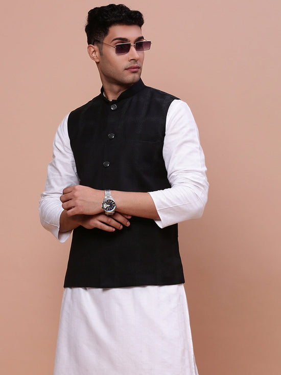 Men Printed Black Slim Fit Nehru Jacket-AD-J-306-Black