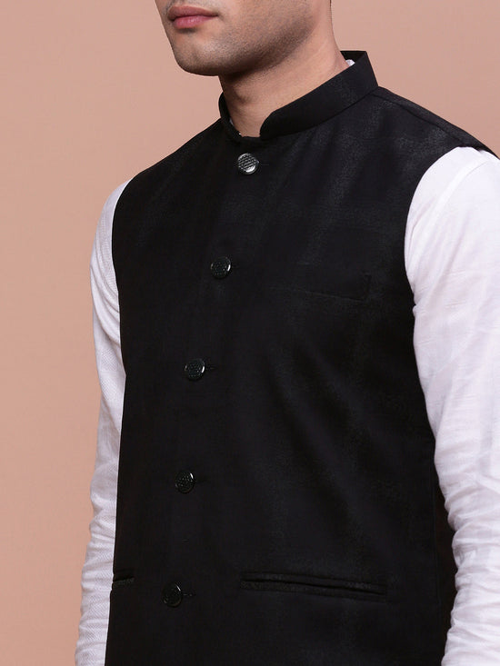 Men Printed Black Slim Fit Nehru Jacket-AD-J-306-Black