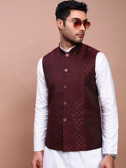 Men Woven Design Maroon Slim Fit Nehru Jacket-AD-J-308-Maroon