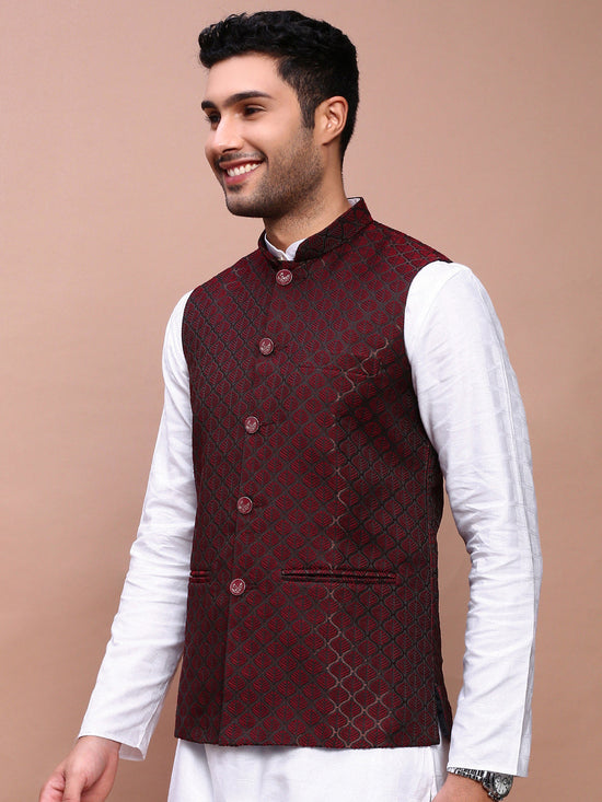 Men Woven Design Maroon Slim Fit Nehru Jacket-AD-J-308-Maroon