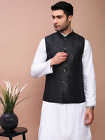 Men Woven Design Black Slim Fit Nehru Jacket-AD-J-309-Black