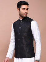 Men Woven Design Black Slim Fit Nehru Jacket-AD-J-309-Black