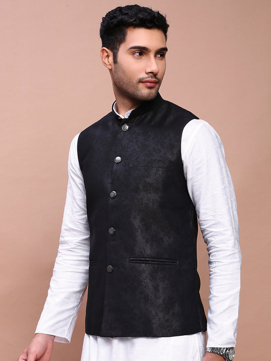 Men Woven Design Black Slim Fit Nehru Jacket-AD-J-309-Black