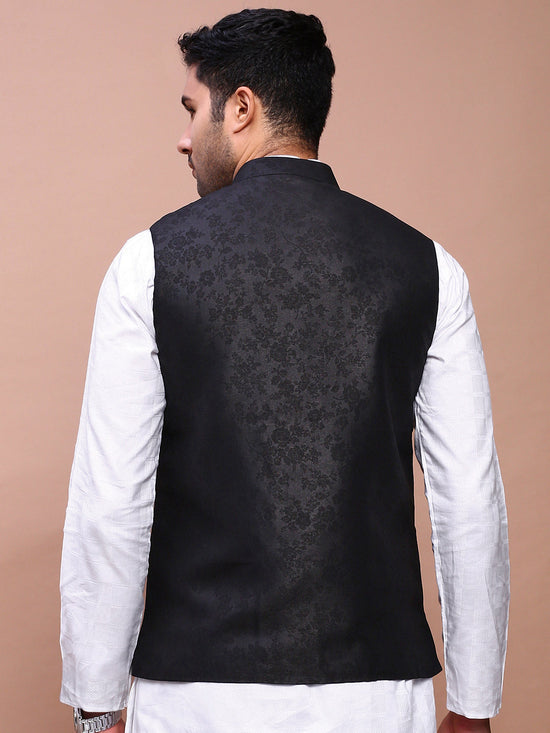 Men Woven Design Black Slim Fit Nehru Jacket-AD-J-309-Black