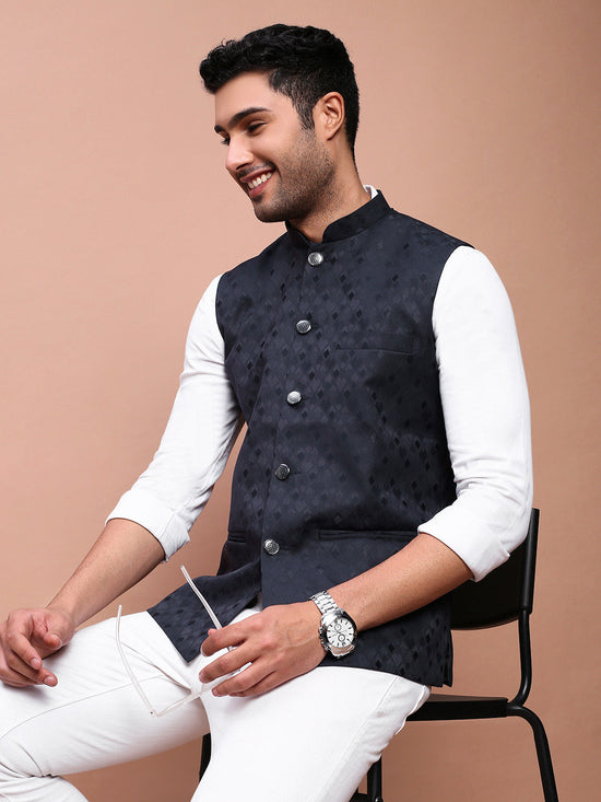 Men Woven Design Navy Blue Slim Fit Nehru Jacket-AD-J-321-Navyblue