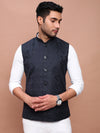 Men Woven Design Navy Blue Slim Fit Nehru Jacket-AD-J-321-Navyblue