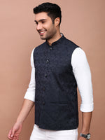 Men Woven Design Navy Blue Slim Fit Nehru Jacket-AD-J-321-Navyblue