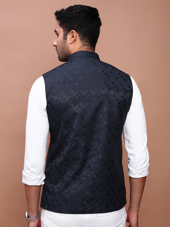 Men Woven Design Navy Blue Slim Fit Nehru Jacket-AD-J-321-Navyblue