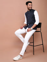 Men Woven Design Navy Blue Slim Fit Nehru Jacket-AD-J-321-Navyblue