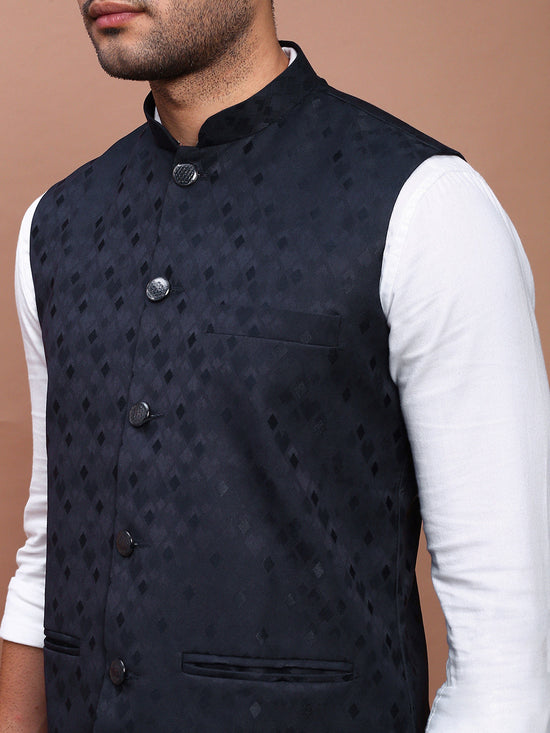 Men Woven Design Navy Blue Slim Fit Nehru Jacket-AD-J-321-Navyblue