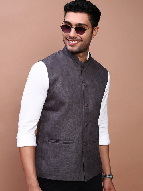 Men Solid Charcoal Slim Fit Nehru Jacket-AD-J-455A-Charcoal