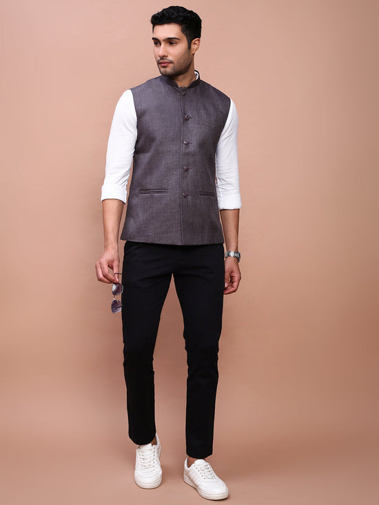 Men Solid Charcoal Slim Fit Nehru Jacket-AD-J-455A-Charcoal