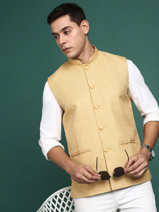 Men Solid Beige Slim Fit Nehru Jacket-AD-J-455-Beige