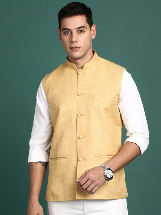 Men Solid Beige Slim Fit Nehru Jacket-AD-J-455-Beige