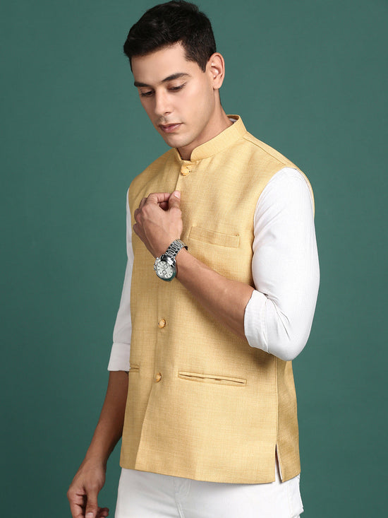 Men Solid Beige Slim Fit Nehru Jacket-AD-J-455-Beige