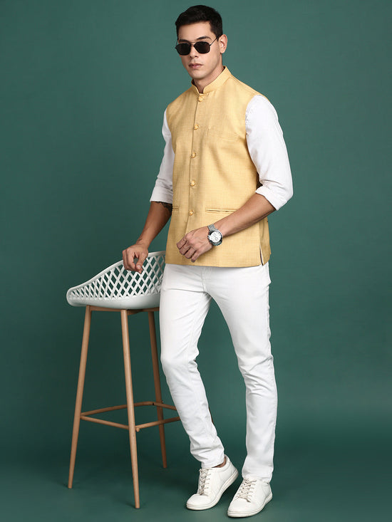 Men Solid Beige Slim Fit Nehru Jacket-AD-J-455-Beige