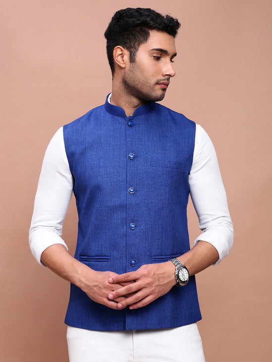 Men Solid Blue Slim Fit Nehru Jacket-AD-J-455-Blue