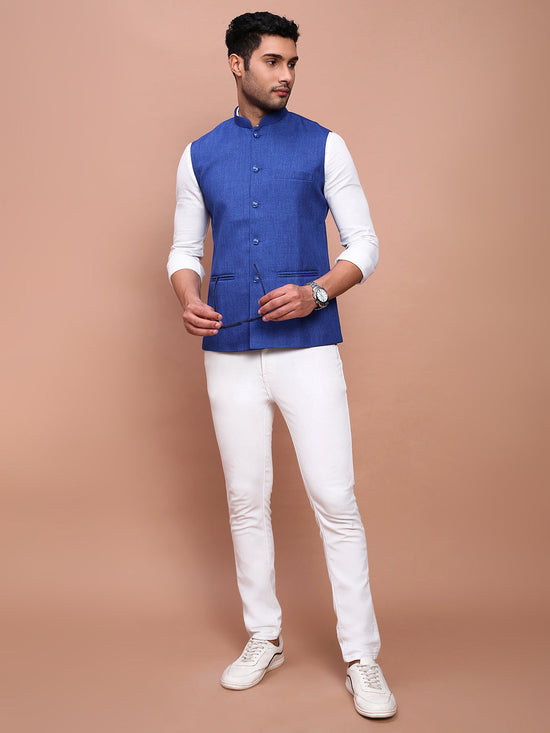 Men Solid Blue Slim Fit Nehru Jacket-AD-J-455-Blue