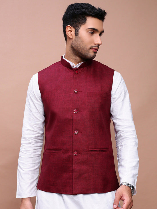 Men Solid Burgundy Slim Fit Nehru Jacket-AD-J-455-Burgundy