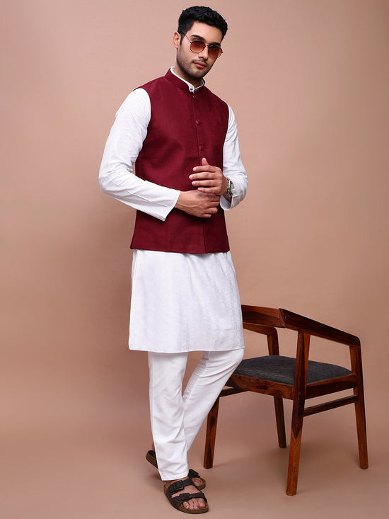 Men Solid Burgundy Slim Fit Nehru Jacket-AD-J-455-Burgundy