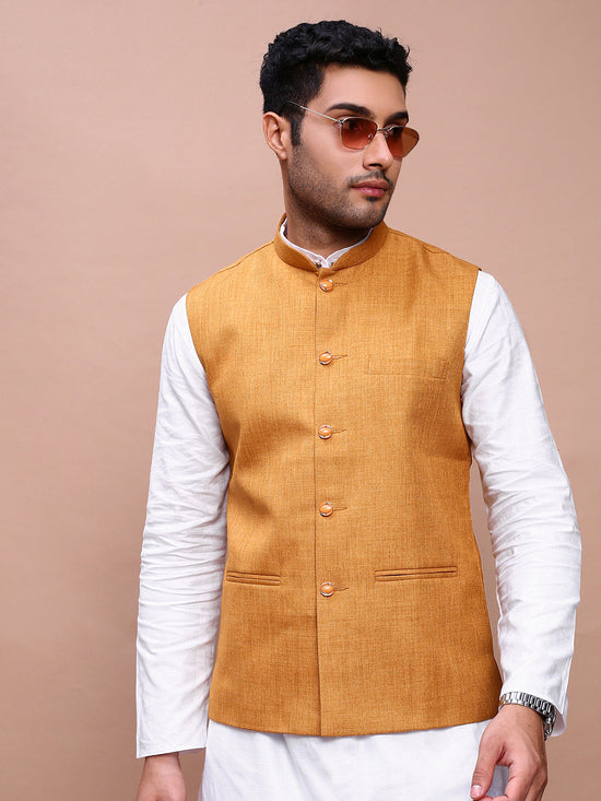 Men Solid Mustard Slim Fit Nehru Jacket-AD-J-455-Mustard