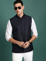 Men Solid Navy Blue Slim Fit Nehru Jacket-AD-J-455-Navyblue