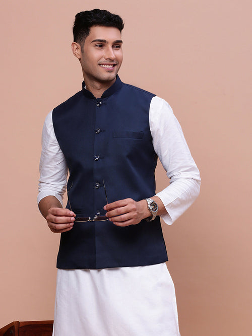 Men Solid Blue Slim Fit Nehru Jacket-AD-J-510-Blue