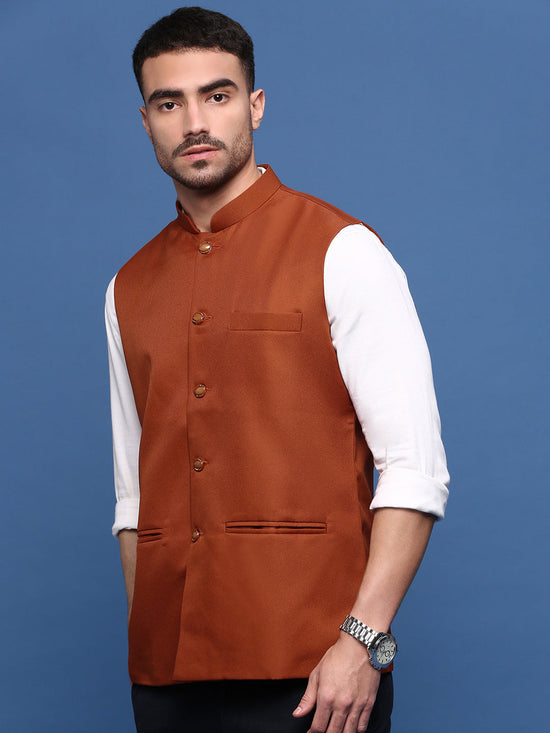 Men Solid Rust Slim Fit Nehru Jacket-AD-J-510-Rust