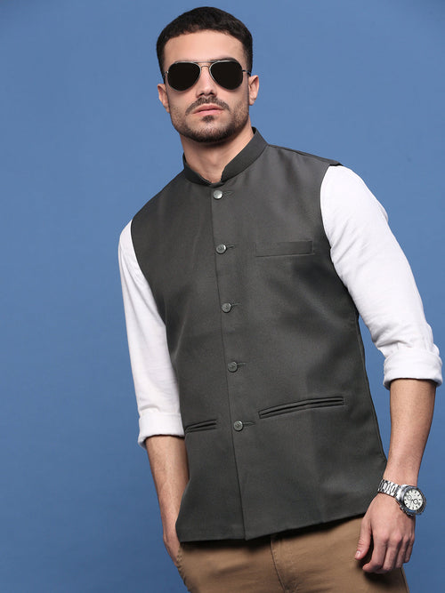 Men Solid Charcoal Slim Fit Nehru Jacket-AD-J-535-Charcoal